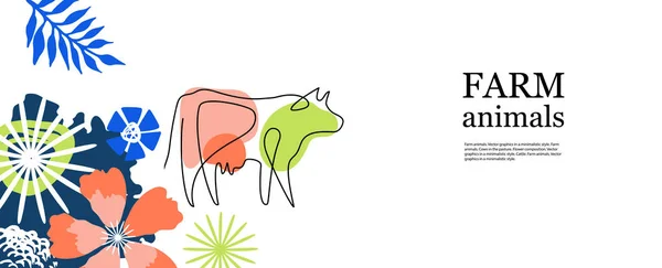 Горизонтальное сельскохозяйственное знамя. Корова, нарисованная в одну линию . — стоковый вектор