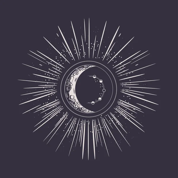 Fases lunares, media luna y rayos. Gráficos vintage . — Vector de stock