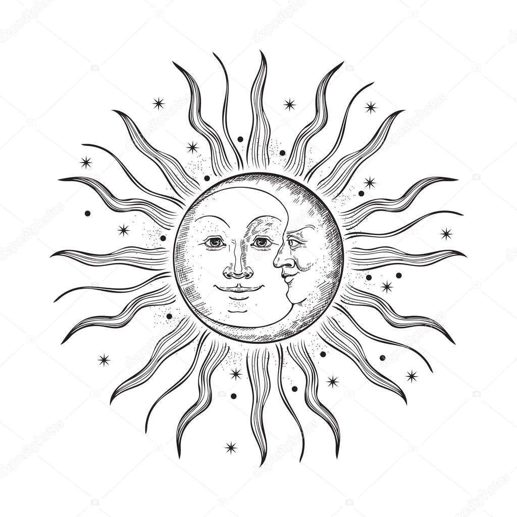 The face of the sun and moon. Retro illustration.