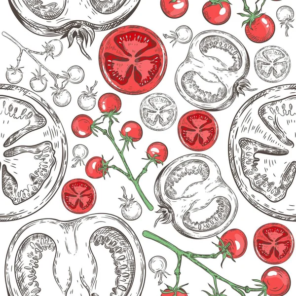 Pola mulus dengan tomat yang berbeda. Cherry Tomatoes and Tomato Slices . - Stok Vektor