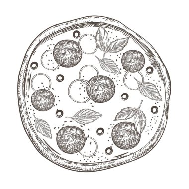 Sosis, soğan halkaları, fesleğen ve zeytin ile Pizza. Vintage grafikler.