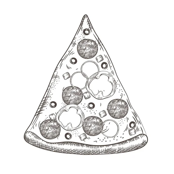 Egy töredék pizza. Pizza kolbásszal, paprikával, olíva-és hagymakarikákkal. — Stock Vector