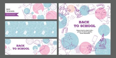 Okula geri dönmek için bir dizi afiş. Cetveller, protractors, kalemler. Eğitim kavramı. B