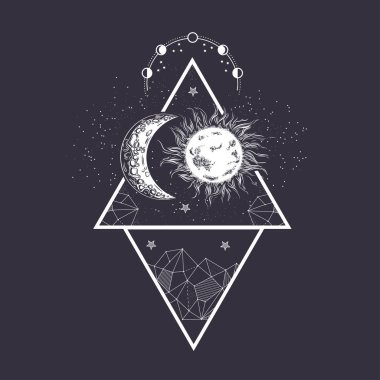 Ay ve Güneş. Ay evreleri. Gravür tarzı. Vintage illüstrasyon.