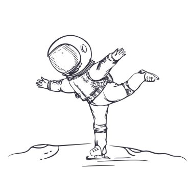 Bir astronot uzayda kaymaya devam ediyor. Artistik patinaj. Astronomi konulu illüstrasyon.