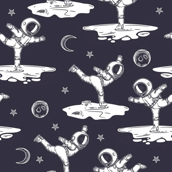 Astronauts ice skating in space. Seamless pattern. Vintage graphics. — Stock Vector