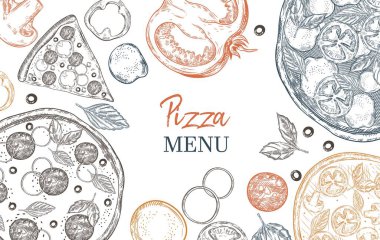 Pizza ve pizza malzemeleri ile yatay afiş. Fesleğen, champignons, domates, mozzarella, soğan, kırmızı biber.