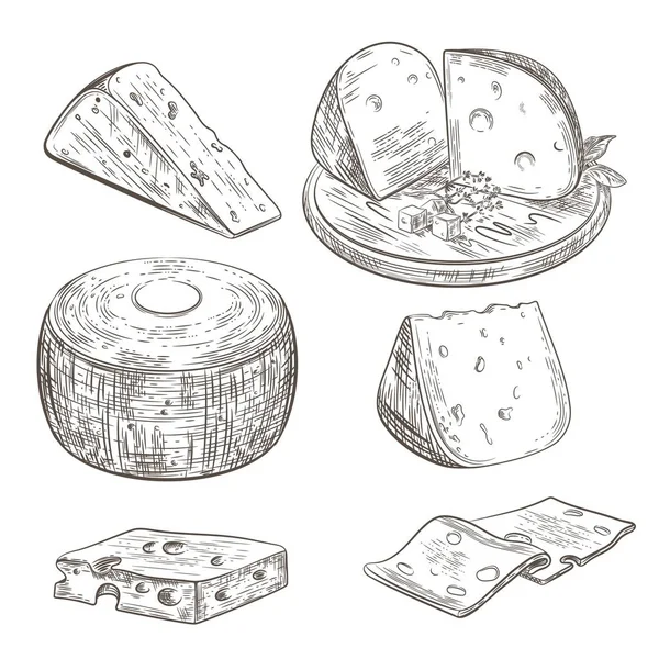 Conjunto de diferentes imagens de queijo. Pedaços de queijo. Queijo está em uma placa de corte de madeira . — Vetor de Stock