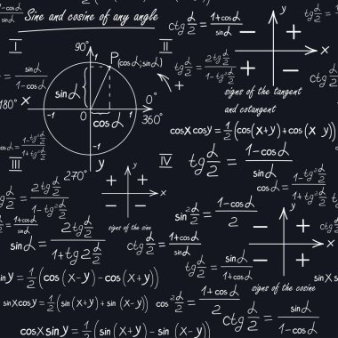 Geometrik şekiller ve formüller ile matematiksel bir dikişsiz desen. Okul arkası. Denklemli bir pano
