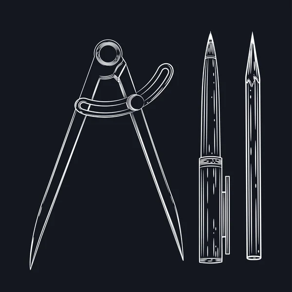 Image vectorielle d'un compas, d'un stylo et d'un crayon. Un ensemble de fournitures éducatives . — Image vectorielle