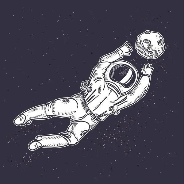 宇航员抓住了一颗行星。太空足球门将. — 图库矢量图片