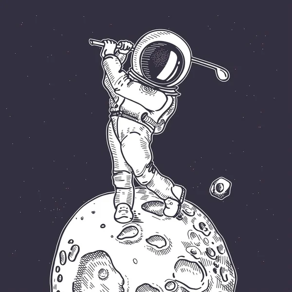 Astronaut mit Golfschläger. Golf spielen. Illustration zum Thema Astronomie. — Stockvektor