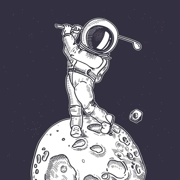 Golf sopası olan astronot. Golf oyunu. Astronomi konulu illüstrasyon.