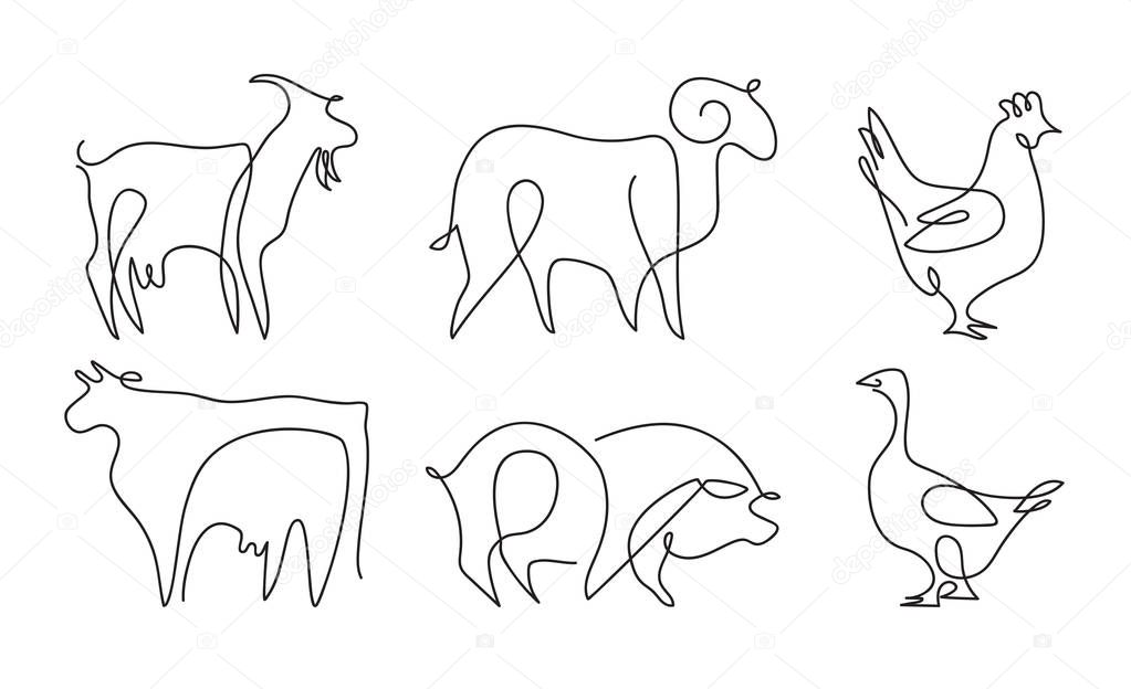 Farm animals set. Cow, ram, goat, pig, chicken goose Drawings in one line