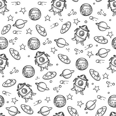 Gezegenler, roketler, yıldızlar ve uçan dairelerle kusursuz desen.