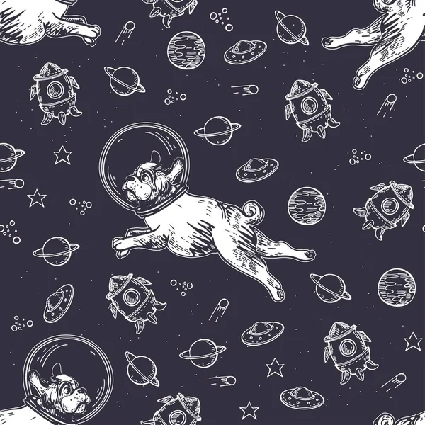 Seamless pattern with pugs, planets and rockets. Dog astronaut flies in space. — Stock Vector