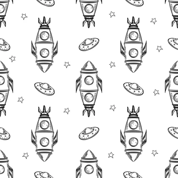 Seamless pattern with rockets, stars and flying saucers. Black and white background. — Stock Vector