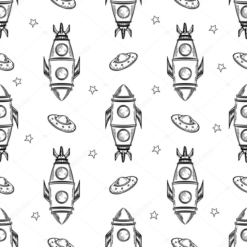 Seamless pattern with rockets, stars and flying saucers. Black and white background.