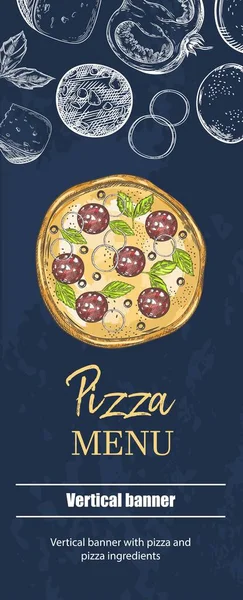 Függőleges banner pizza és pizza összetevőkkel. Bazsalikom, paradicsom, mozzarella, hagyma. — Stock Vector