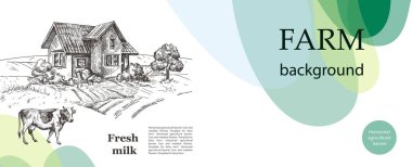 İnek ve köy evi. Sığır çiftliği için bir arka plan örneği.