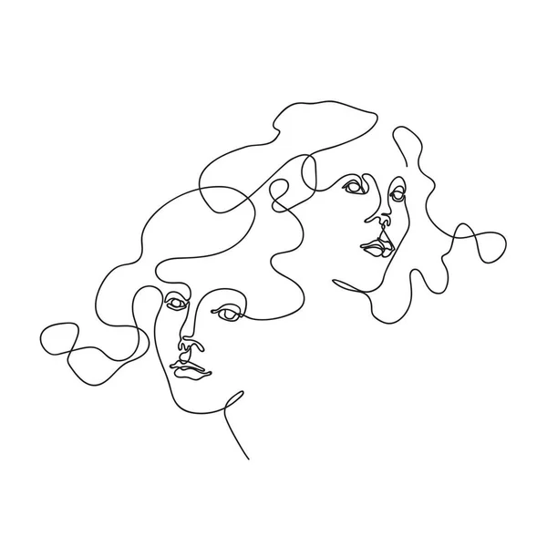 Deux visages féminins dessinés en une seule ligne. Ligne continue . — Image vectorielle