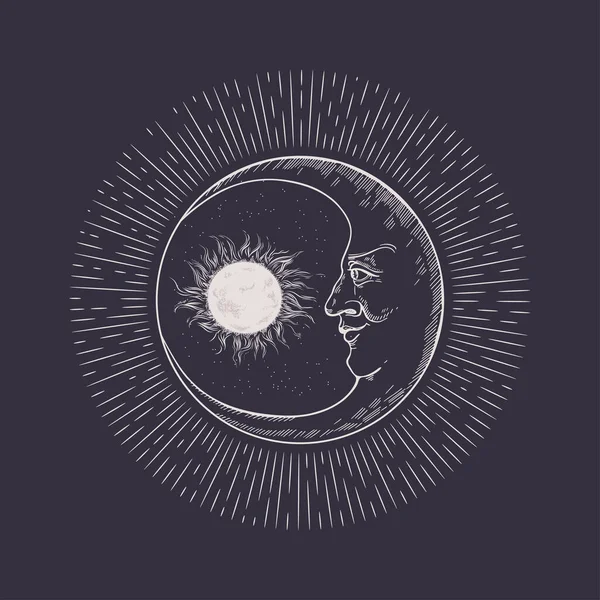 Sol, estrellas y media luna. Cara de luna. Ilustración vintage . — Vector de stock