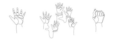 Ellerin farklı pozisyonları. Devamlı bir çizgi. Bir dizi görüntü. Minimalist grafikler.