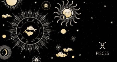 Zodiac geçmişi. Balık Takımyıldızı. Yatay pankart. Zodiac çemberi.