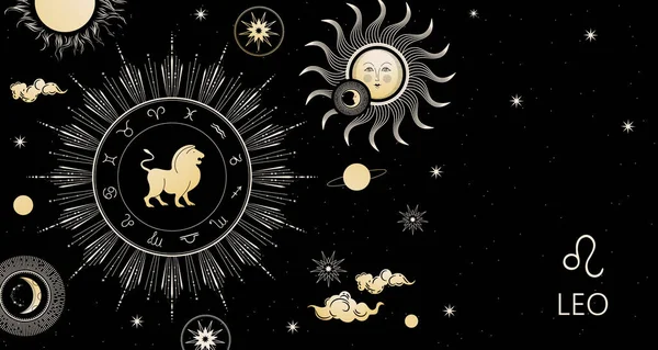 Fondo del zodíaco. Signo zodiacal Leo. Banner horizontal . — Archivo Imágenes Vectoriales