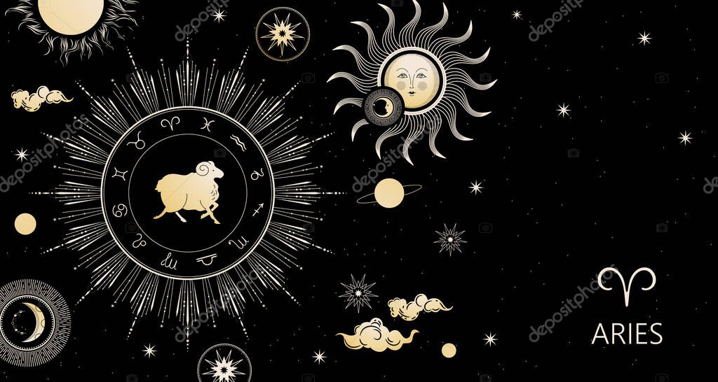 Zodiac background. Aries zodiac sign. Horizontal banner. Horoscope astrology