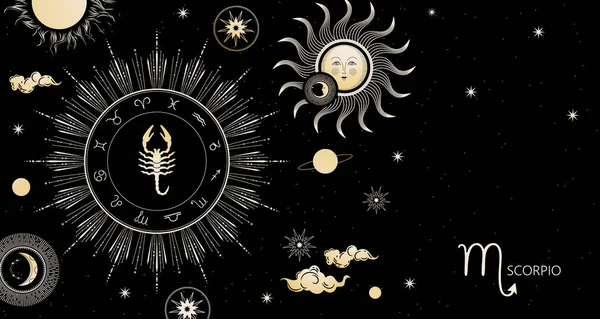 Fondo del zodíaco. Signo del zodiaco Escorpio. Banner horizontal . — Archivo Imágenes Vectoriales