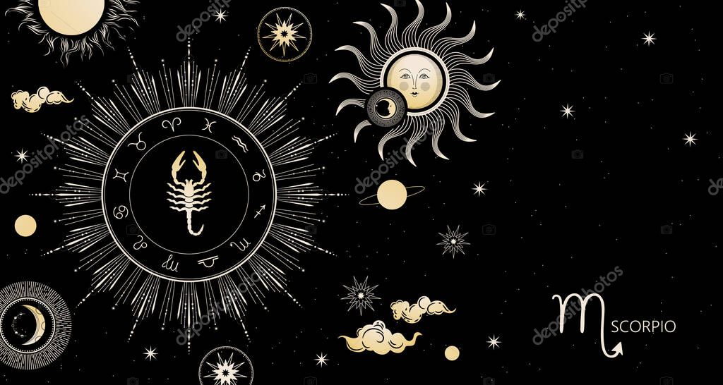 Zodiac background. Scorpio zodiac sign. Horizontal banner. Horoscope astrology