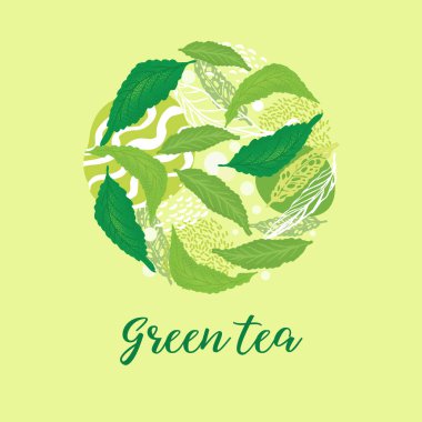 Çay kartı tasarımı. Yeşil çay. Broşürler, afişler, reklamlar için şablon.