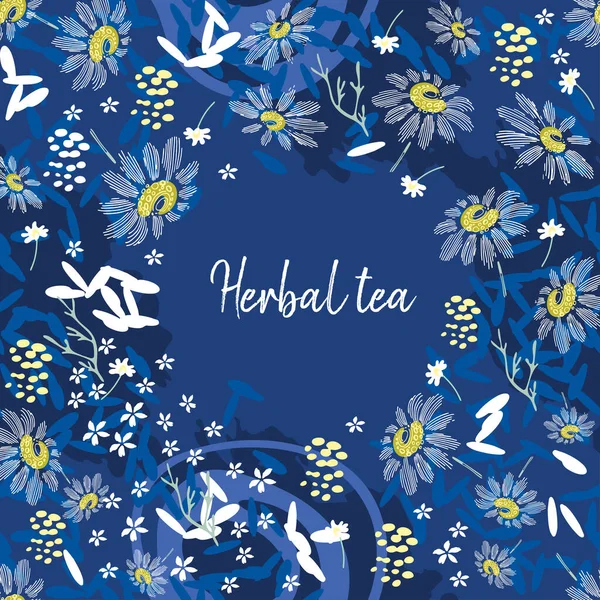 Design von Teekarten. Tee mit Kamille. Blauer Hintergrund. Weiße Blumen. — Stockvektor