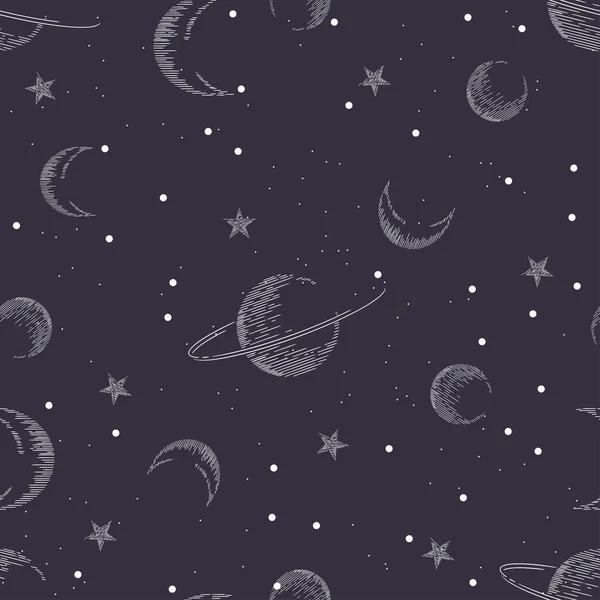 Seamless space pattern. Planets and stars. Engraving. — Stock Vector