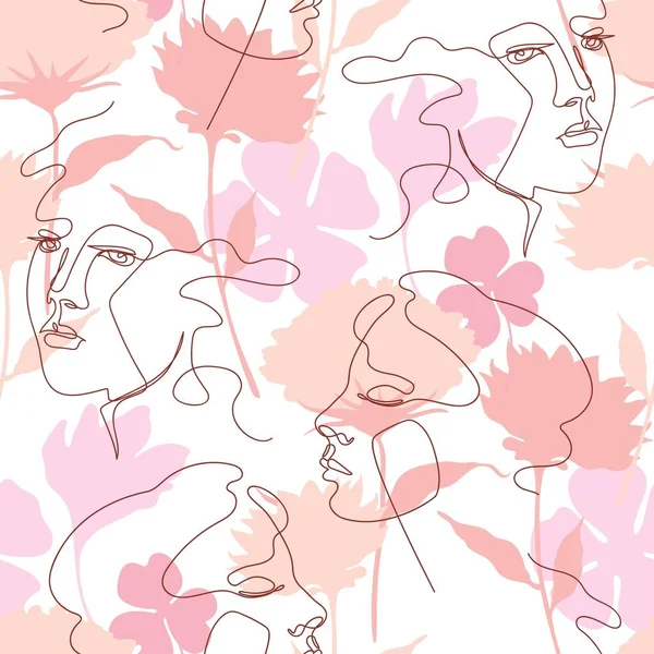 Pola mulus berwarna dengan siluet bunga dan wajah perempuan. - Stok Vektor