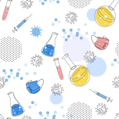 Test tüpleri, tıbbi maskeler ve şırıngalarla kusursuz desen. Salgın, viroloji.