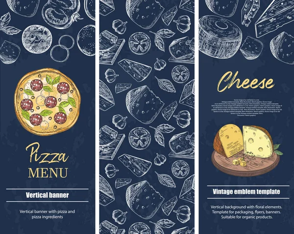 Függőleges bannerek sajt és pizza képével. Szüreti illusztrációk. — Stock Vector