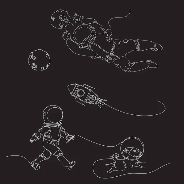 Astronauts are drawn in one line. Continuous line. Set of space illusions — Stock Vector
