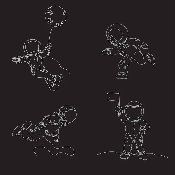 Los astronautas están dibujados en una línea. Línea continua. Conjunto de ilusiones espaciales — Vector de stock