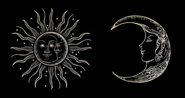 Sole, stelle e mezzaluna. Faccia da luna. Illustrazioni vintage. — Vettoriale Stock