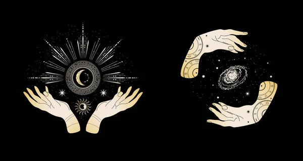 Mãos mágicas. Duas mãos, o sol, crescente, estrelas e fases da lua. —  Vetores de Stock