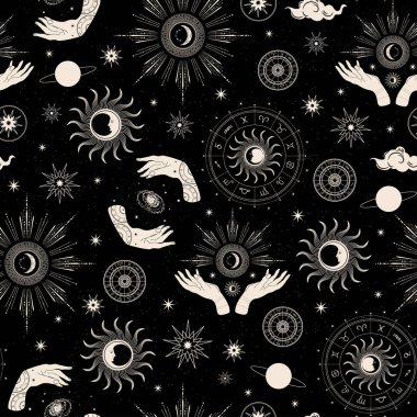 Kusursuz desen. Siyah arka plan. Sihirli eller. Zodiac çemberi.