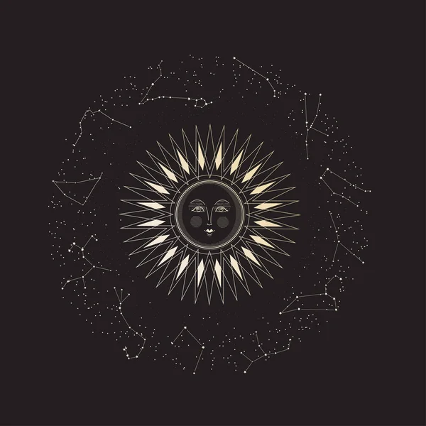 태양과 황도대 별자리. 고전적 인 삽화. 점성학적 황도대의 별자리 — 스톡 벡터