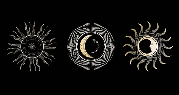 Sol, estrellas y media luna. Cara de luna. Ilustraciones vintage. — Vector de stock