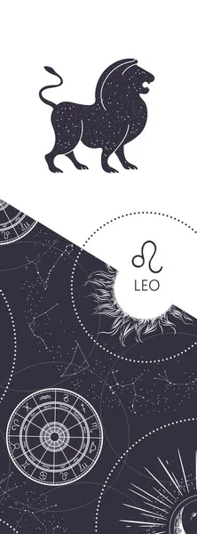 Fondo del zodíaco. Constelación Leo. Estilo antiguo. Banner vertical. — Vector de stock