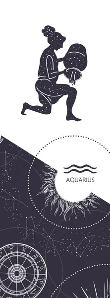 Zvěrokruh. Constellation Aquarius. Starožitný styl. Svislý nápis. — Stockový vektor