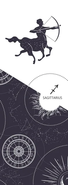 Zvěrokruh. Souhvězdí Sagittarius. Starožitný styl. Svislý nápis. — Stockový vektor
