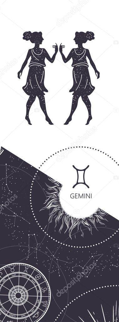 Zodiac background. Constellation Gemini. Antique style. Horoscope astrology Vertical banner