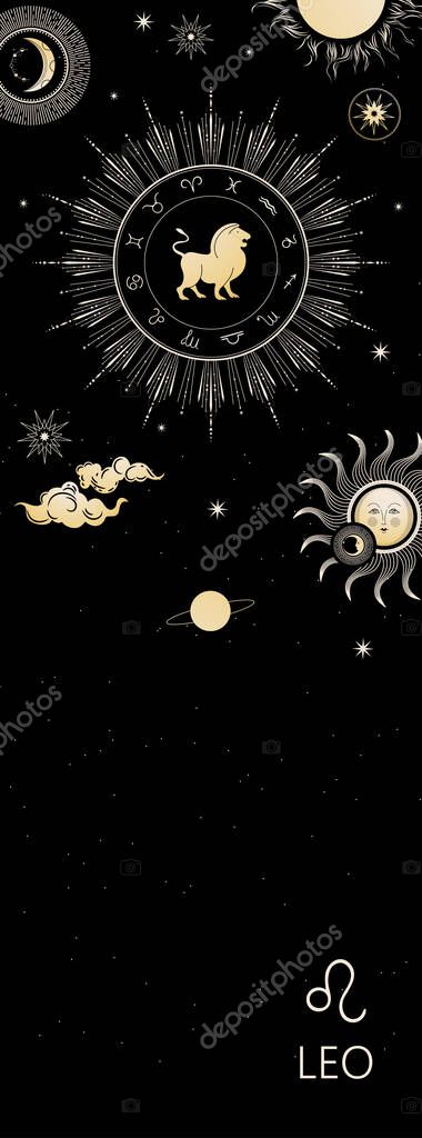 Zodiac background. Constellation Leo. Horoscope astrology Vertical banner